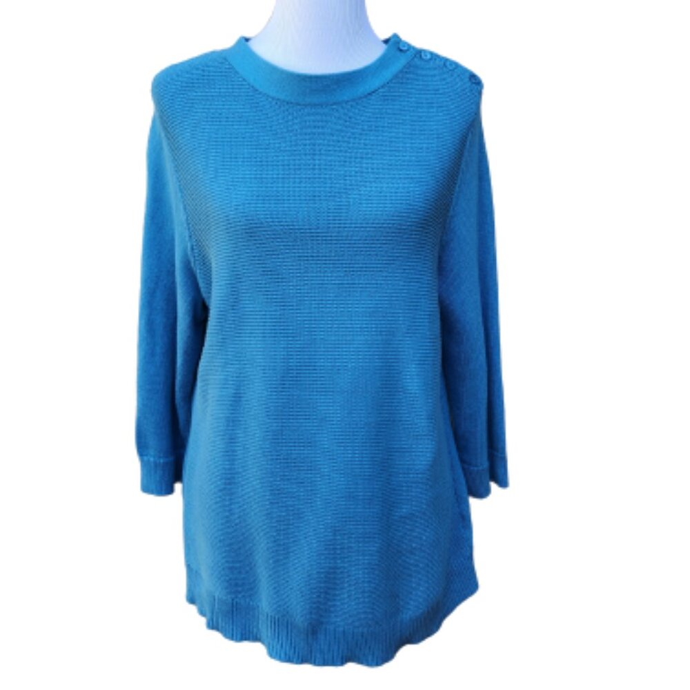 Talbots Blue Sweater 3/4 Sleeves Button Shoulder CN151 100% Cotton High Neck